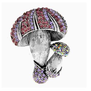 Mushroom Brooch with Purple Crystals Silver Tone